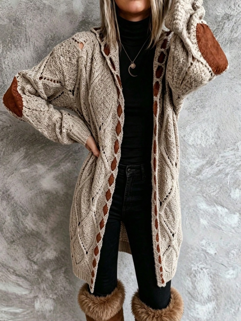 Cozy Diamond Knit Braided Detail Hoodie Open Front Long Cardigan